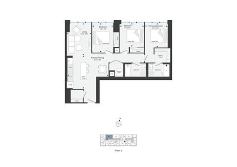 Floor plan for 3 beds, 2 baths, 1071 sqft
